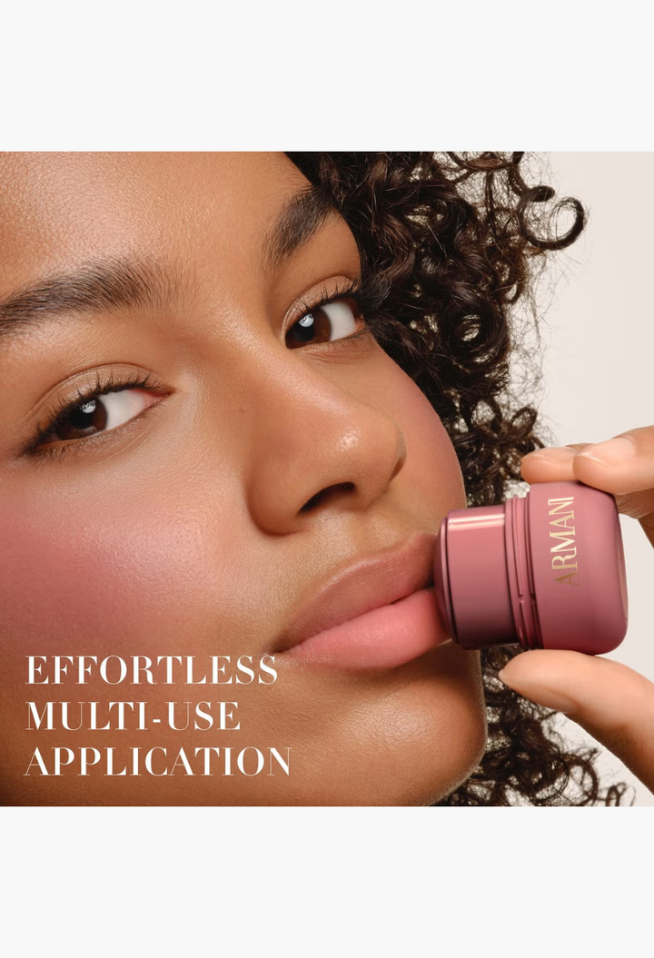 GLAM MODA Armani Dolci Blush stick applied to lips and cheeks for a natural, radiant, and pigmented flush of colour.