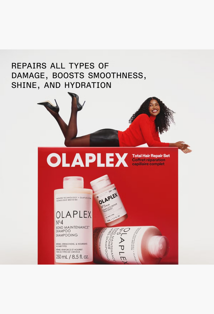 GLAM MODA Olaplex Total Hair Repair Set featuring bond-building shampoo, conditioner, and treatment bottles.