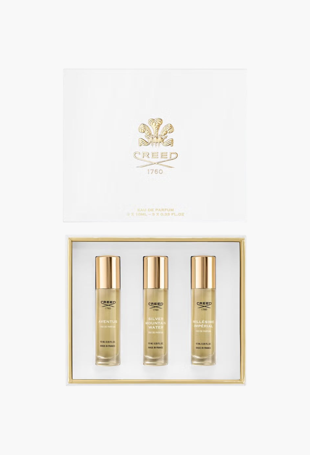 GLAM MODA Creed Men's Discovery Set featuring three 10ml fragrance vials in a white and gold gift box.