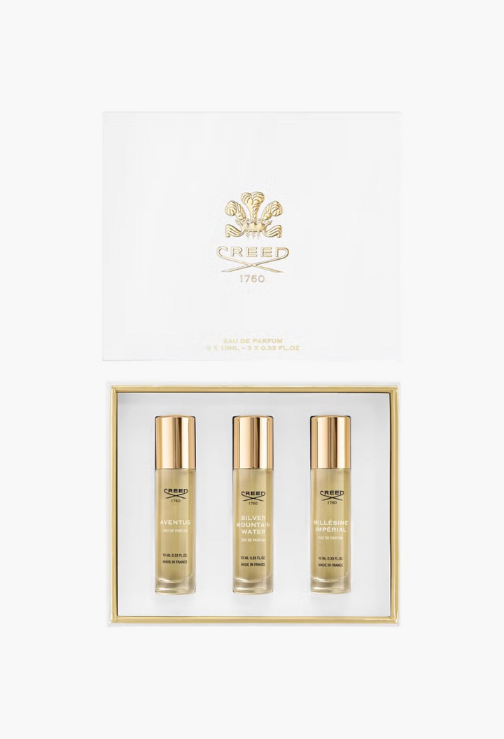 GLAM MODA Creed Men's Discovery Set featuring three 10ml fragrance vials in a white and gold gift box.