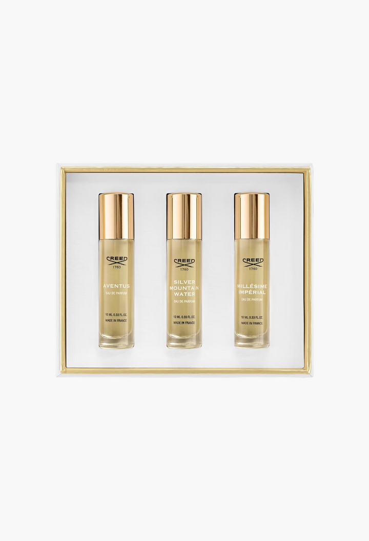 GLAM MODA Creed Men's Discovery Set featuring three 10ml fragrance vials in a white and gold presentation box.