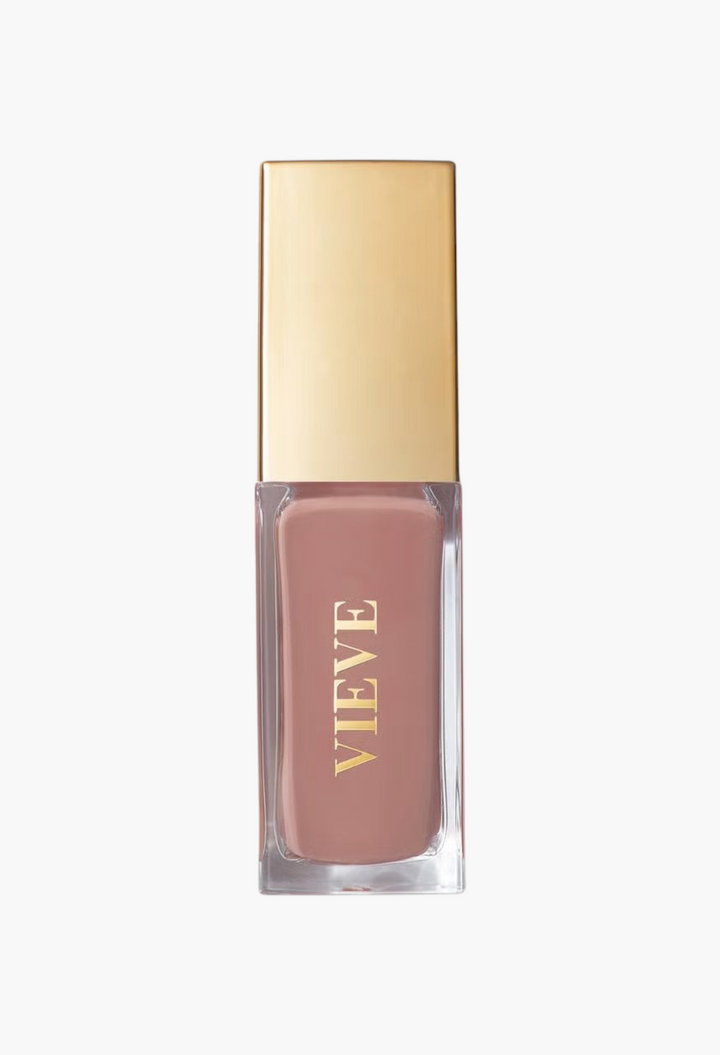 GLAM MODA VIEVE Lip Dew in a soft nude shade with a gold cap, featuring a high-shine, non-sticky lip oil formula.