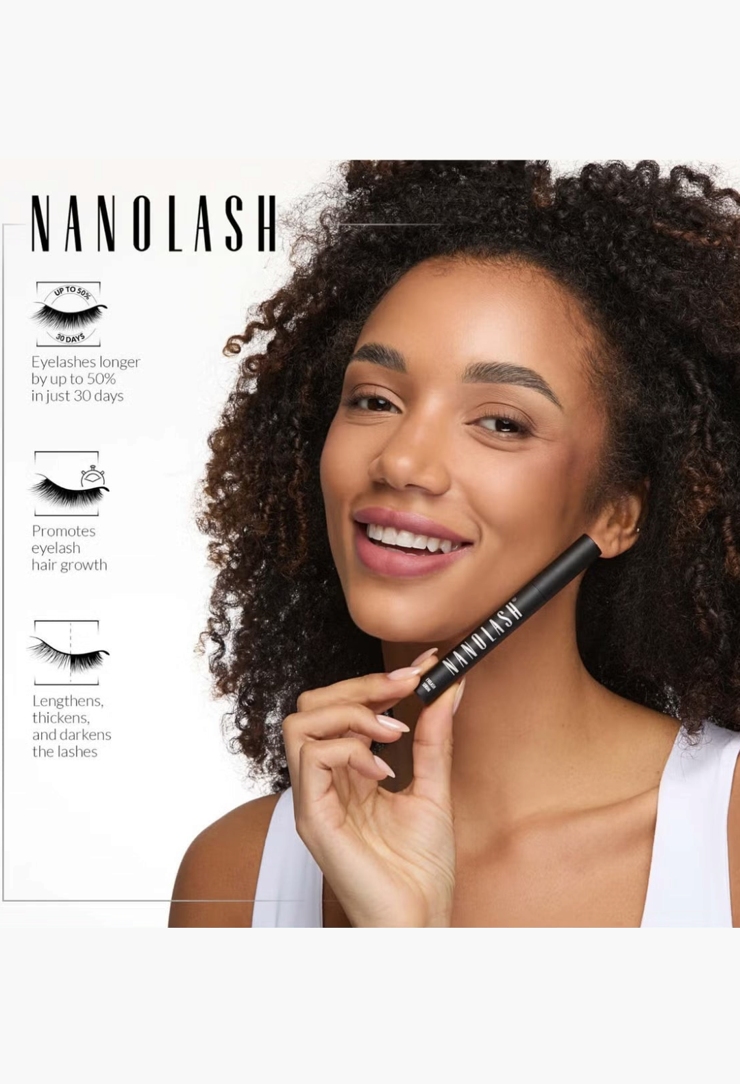 GLAM MODA Nanolash eyelash serum held by a smiling woman with curly hair, featuring lash growth benefits text.