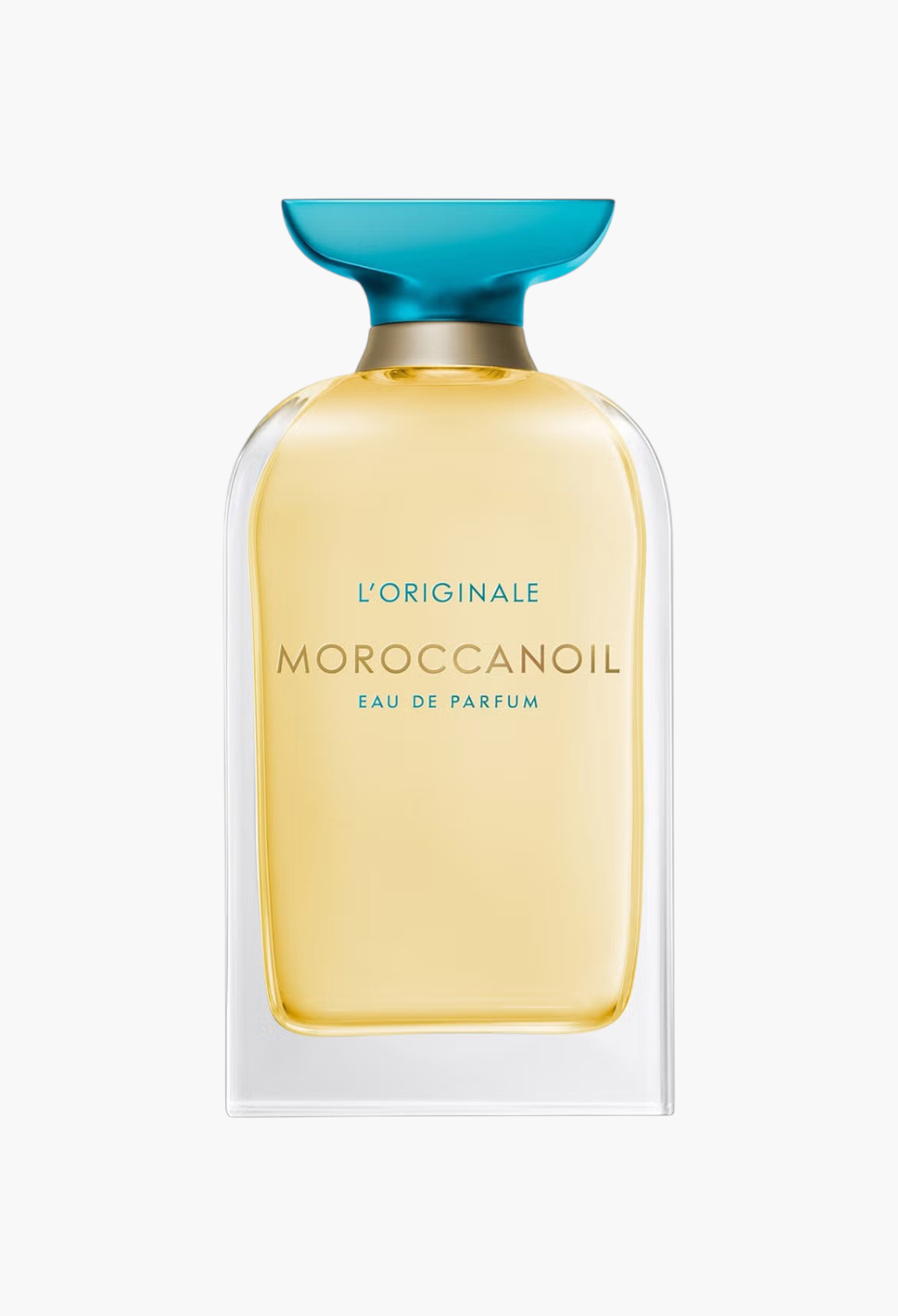 GLAM MODA Moroccanoil L'Originale Eau de Parfum in a clear glass bottle with a signature turquoise cap.