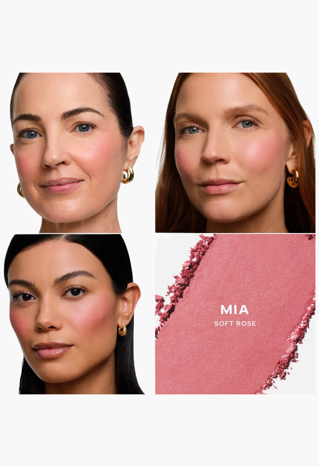 GLAM MODA Saie SuperSuede Radiant Blush in Mia Soft Rose shade shown on three diverse models and as a powder swatch.