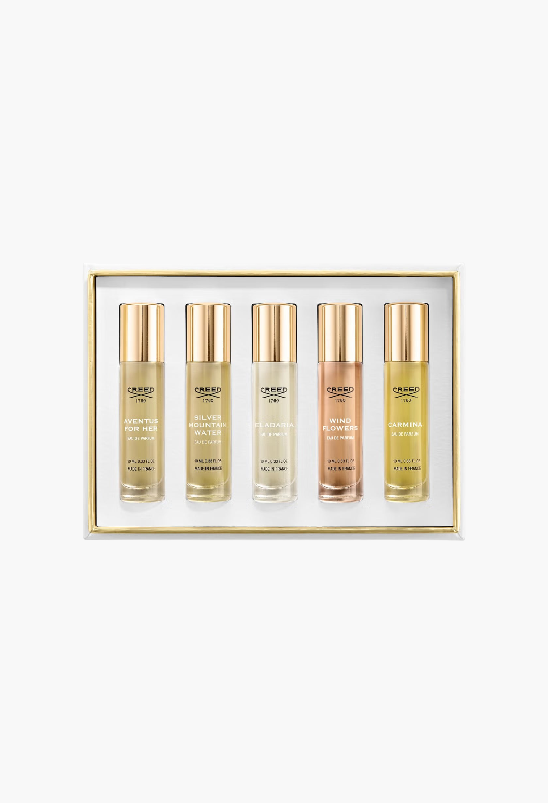 GLAM MODA Creed Women's Discovery Set featuring five 10ml luxury perfume vials with gold caps in a white gift box.
