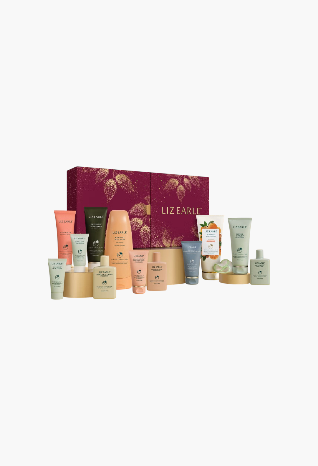 GLAM MODA Liz Earle 12 Days of Beauty advent calendar featuring botanical skincare, body wash, and hand cream products.