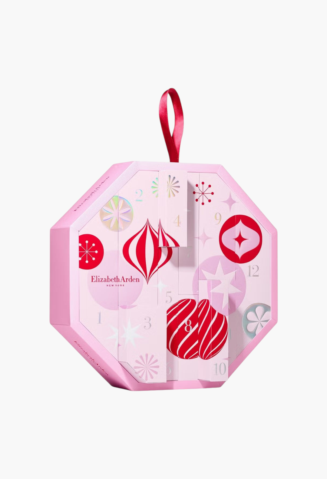 GLAM MODA Elizabeth Arden 2026 advent calendar in a pink octagonal box with festive red and white ornament graphics.