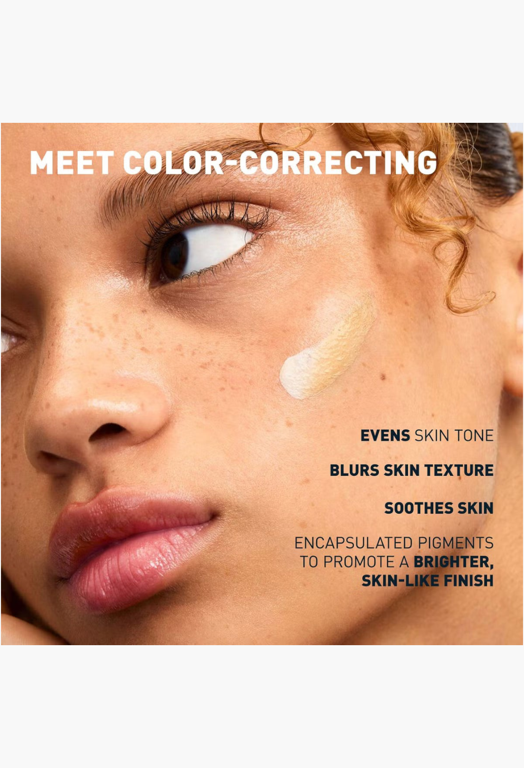 GLAM MODA Erborian CC Cream Porcelain applied to a model's cheek, showing color-correcting and skin-blurring effects.