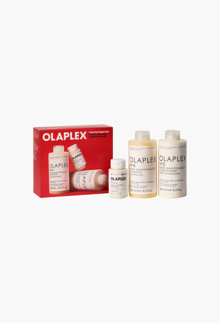 GLAM MODA OLAPLEX Total Hair Repair Set featuring bond-building shampoo, conditioner, and treatment bottles.