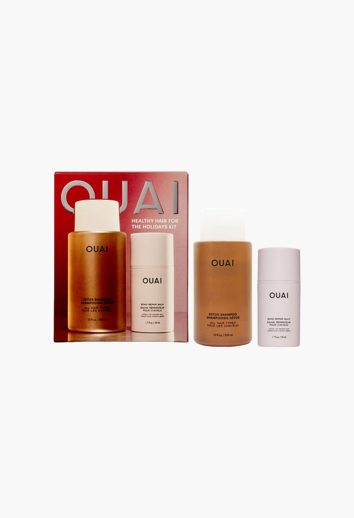 GLAM MODA OUAI Healthy Hair for the Holidays kit featuring a detox shampoo and bond repair balm in festive packaging.