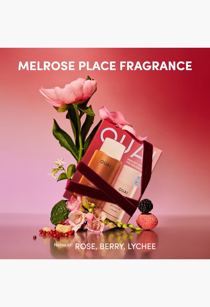 GLAM MODA OUAI Healthy Hair for the Holidays gift set featuring Detox Shampoo and Bond Repair Balm with floral decor