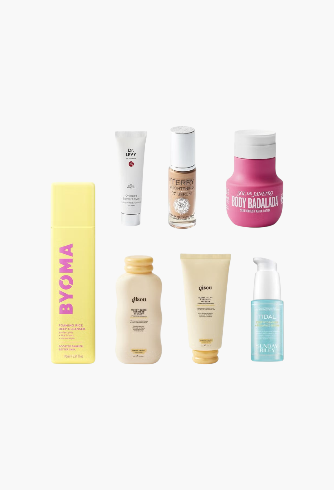 GLAM MODA beauty product collection featuring skincare, body lotion, and hair care items from various luxury brands.