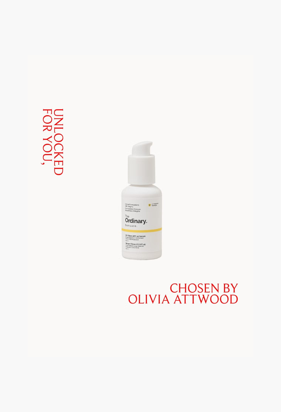 GLAM MODA The Ordinary UV Filters SPF 45 Serum in a white pump bottle with yellow label against a neutral background.