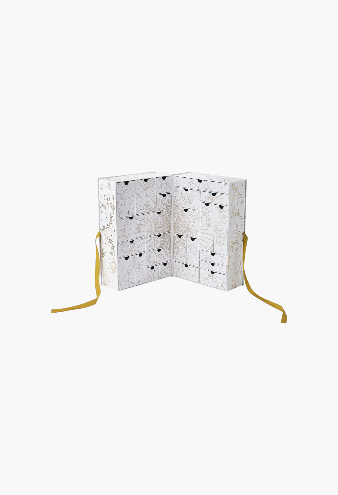 GLAM MODA Cult Beauty Advent Calendar Signature Edition with white and gold botanical illustration and ribbon ties