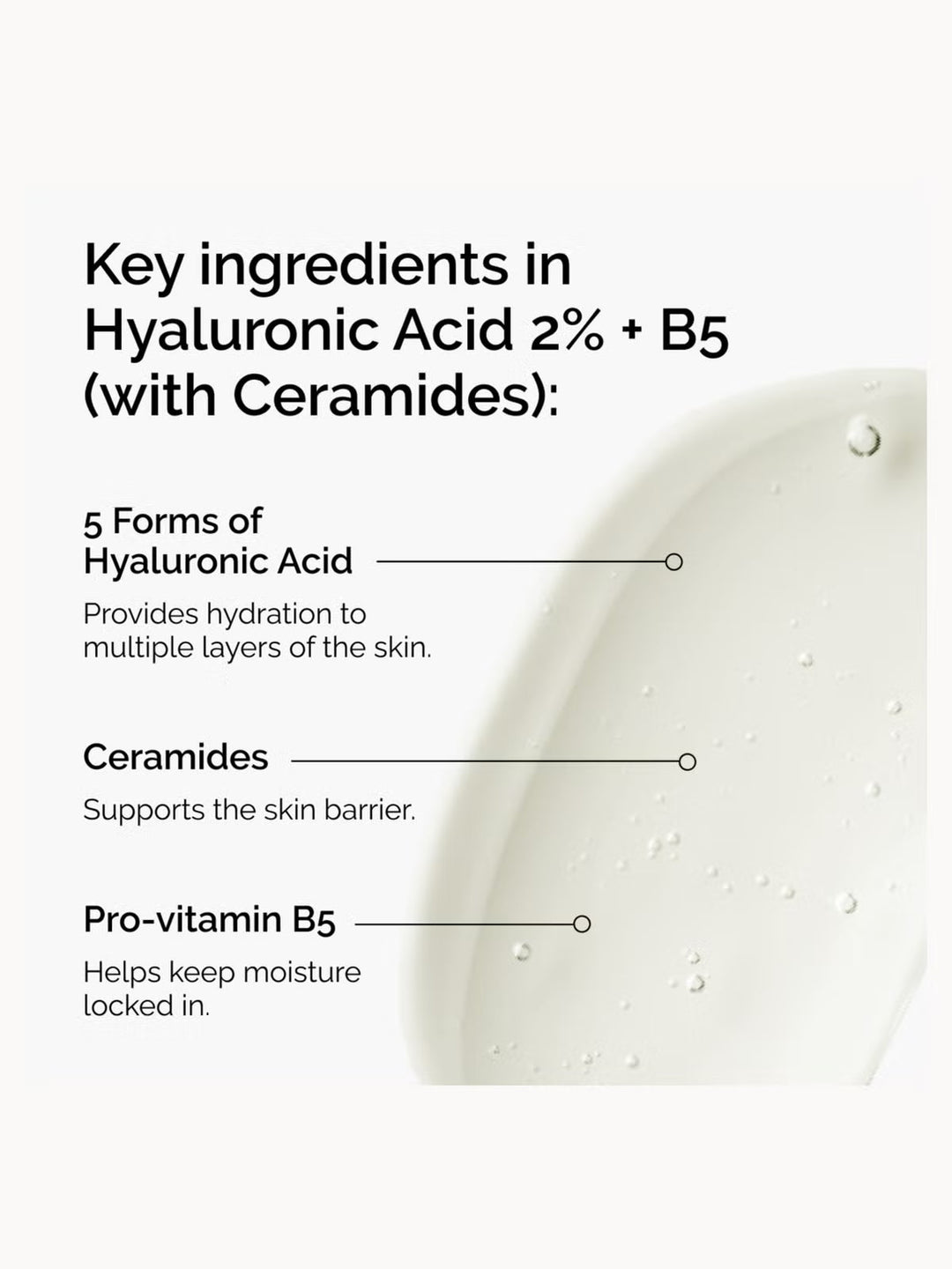 GLAM MODA infographic showing Hyaluronic Acid 2% and B5 serum texture with key ingredients and benefits listed.