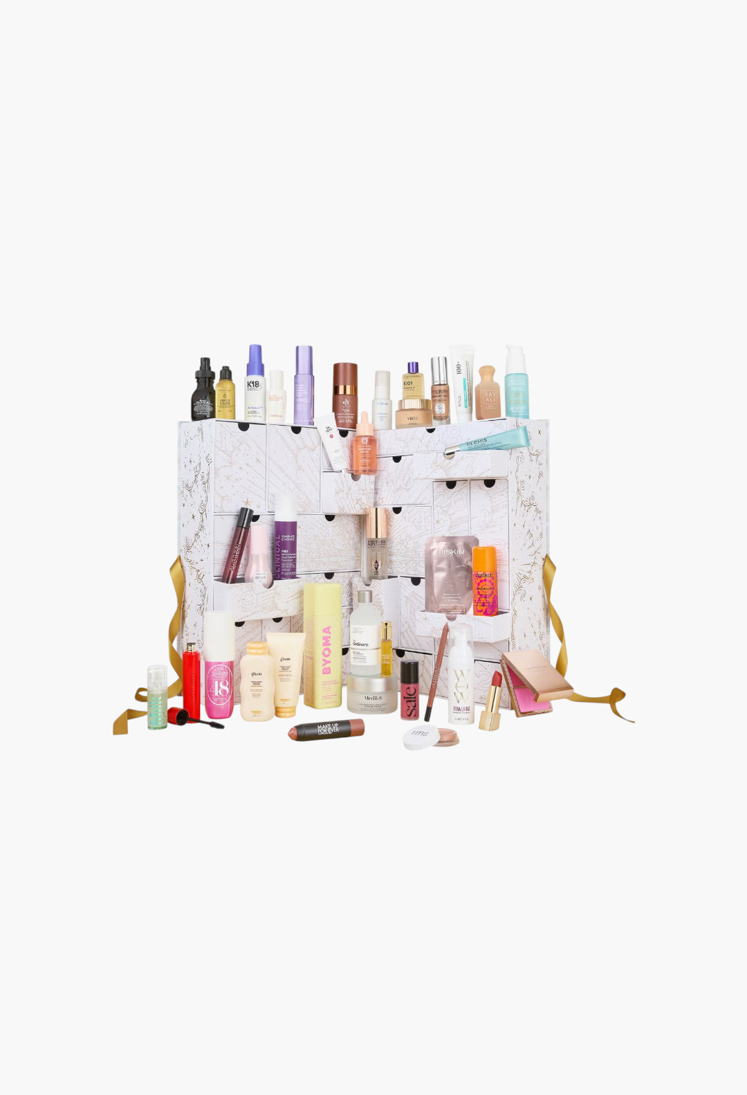 GLAM MODA beauty advent calendar featuring 38 skincare, makeup, and hair products in a decorative white gift box.