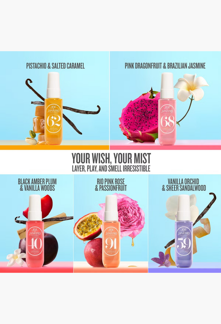 GLAM MODA Sol de Janeiro Livin'A Vida Cheirosa set featuring five travel-sized fragrance mists with botanical accents.