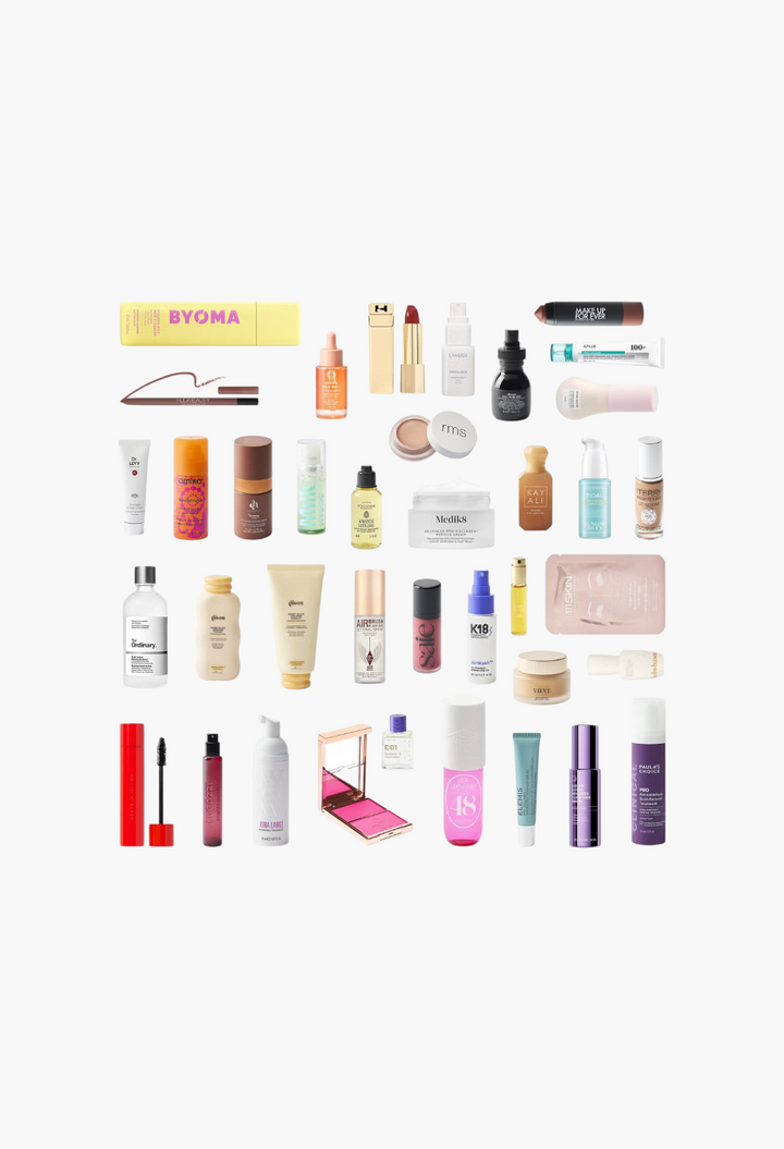GLAM MODA beauty advent calendar featuring 38 skincare, makeup, hair, and fragrance products in various sizes.