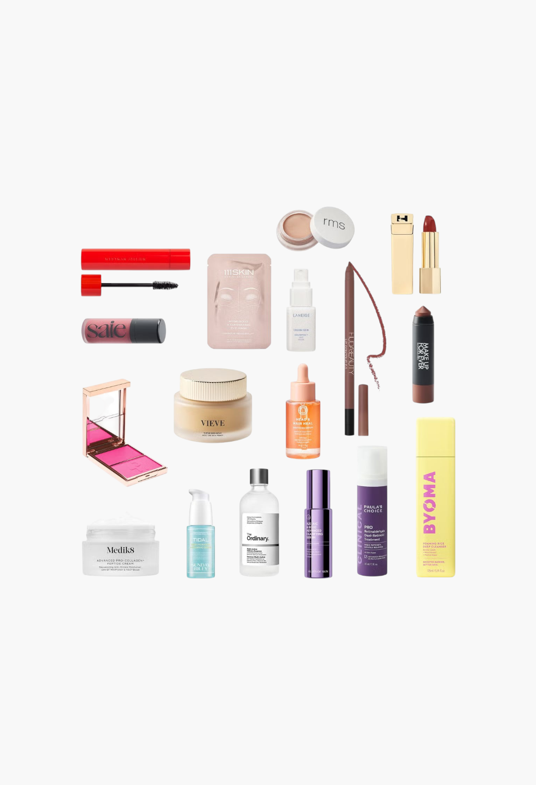 GLAM MODA beauty advent calendar collection featuring full-size skincare, makeup, and hair products on white background