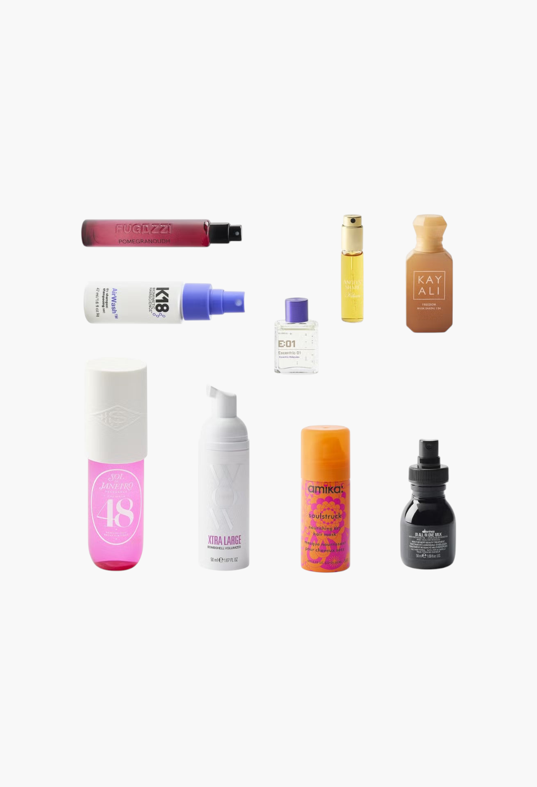 GLAM MODA beauty advent calendar travel-size fragrance, hair care, and skincare products on a white background