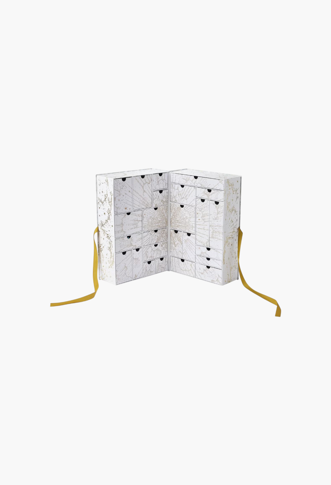 GLAM MODA beauty advent calendar with white and gold botanical illustrations and numbered drawers for holiday gifts.