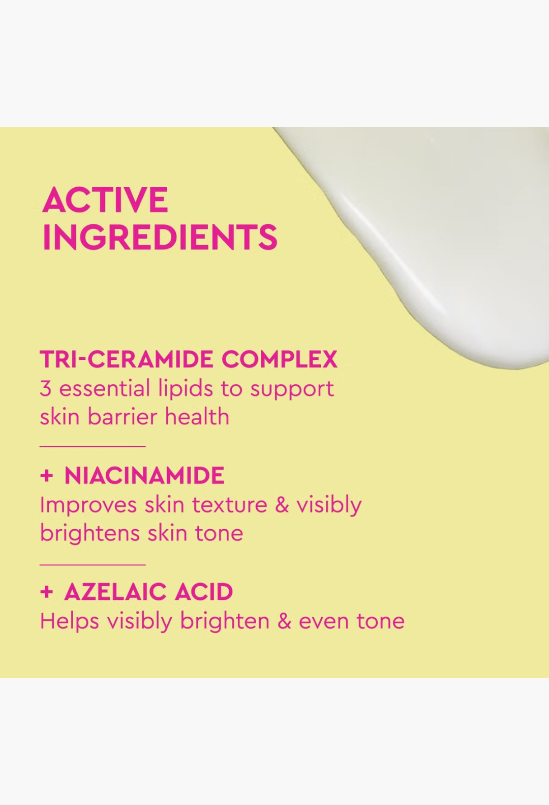 GLAM MODA BYOMA Brightening Body Lotion ingredient list featuring tri-ceramide complex, niacinamide, and azelaic acid.