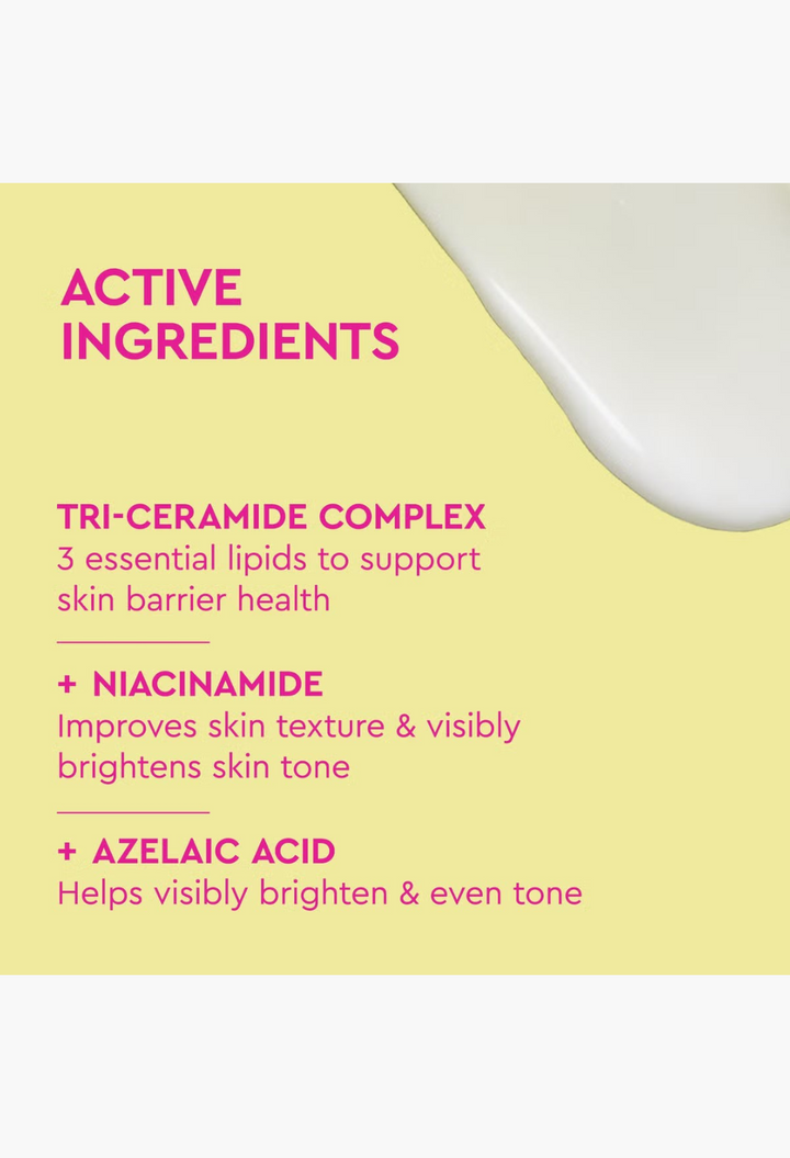 GLAM MODA BYOMA Brightening Body Lotion ingredient list featuring tri-ceramide complex, niacinamide, and azelaic acid.