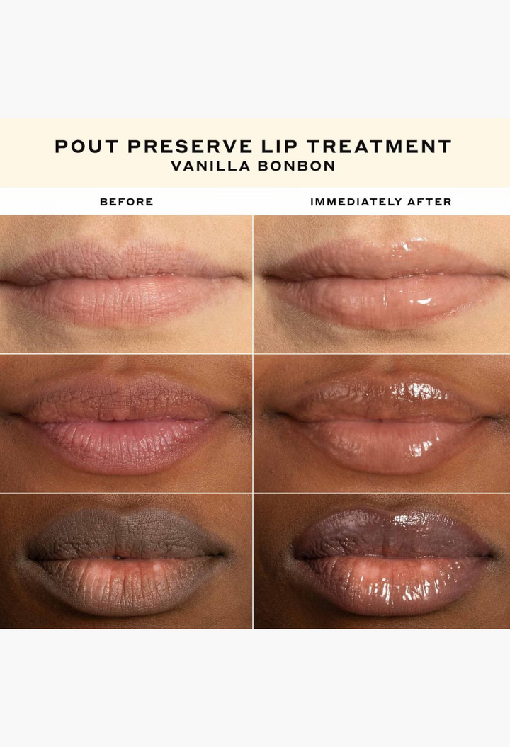 GLAM MODA Ole Henriksen Pout Preserve Lip Treatment in Vanilla Bonbon showing application steps on lips for hydration.