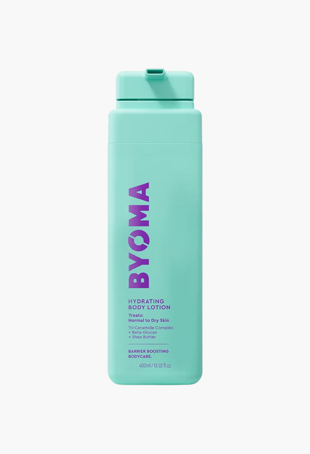 GLAM MODA BYOMA Hydrating Body Lotion in a rectangular light teal bottle with purple text and a pump dispenser.