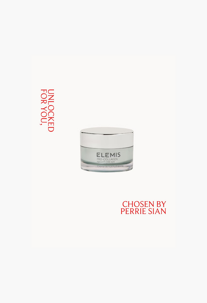 GLAM MODA Elemis Pro-Collagen Night Cream in a glass jar with a silver lid, skincare product for overnight hydration.