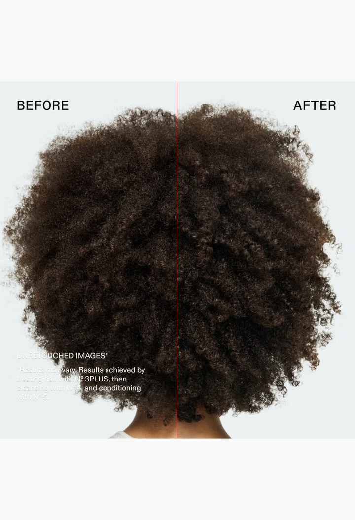 GLAM MODA hair repair results showing a before and after comparison of textured hair treated with Olaplex products.