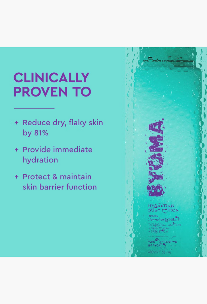 GLAM MODA BYOMA Hydrating Body Lotion in a teal bottle with water droplets on a white background