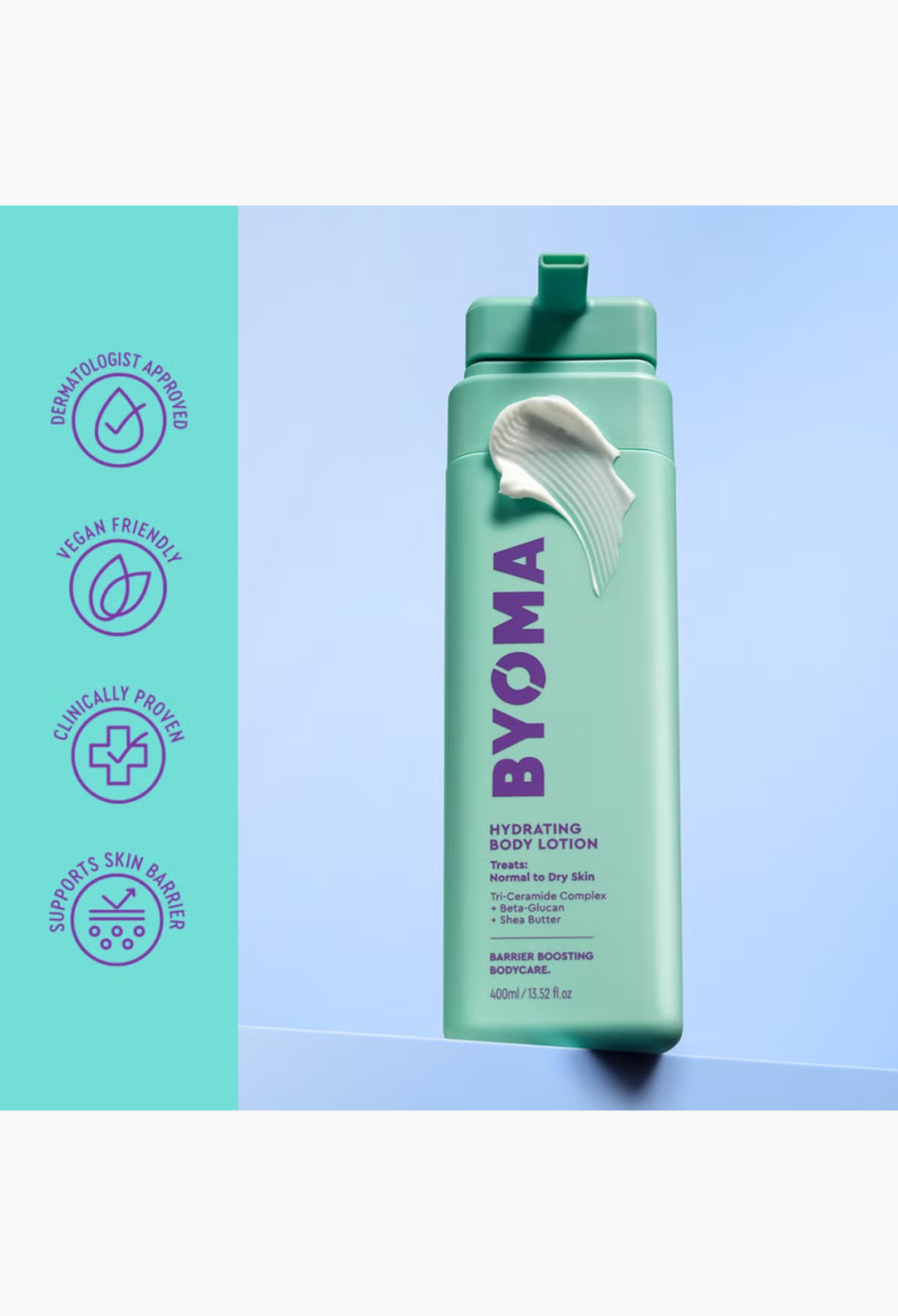 GLAM MODA BYOMA Hydrating Body Lotion in a light green pump bottle with a dollop of white cream on the front