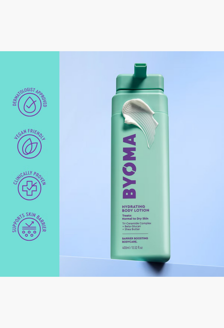 GLAM MODA BYOMA Hydrating Body Lotion in a light green pump bottle with a dollop of white cream on the front
