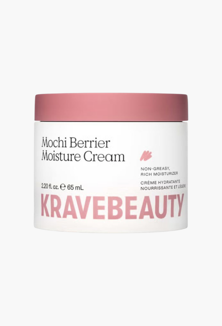 GLAM MODA KraveBeauty Mochi Berrier Moisture Cream in a white jar with a pink lid, designed for rich skin hydration.