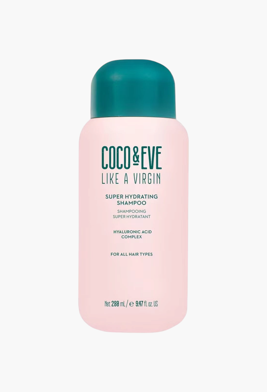 GLAM MODA Coco & Eve Like a Virgin Super Hydrating Shampoo in a light pink bottle with a dark teal cap.
