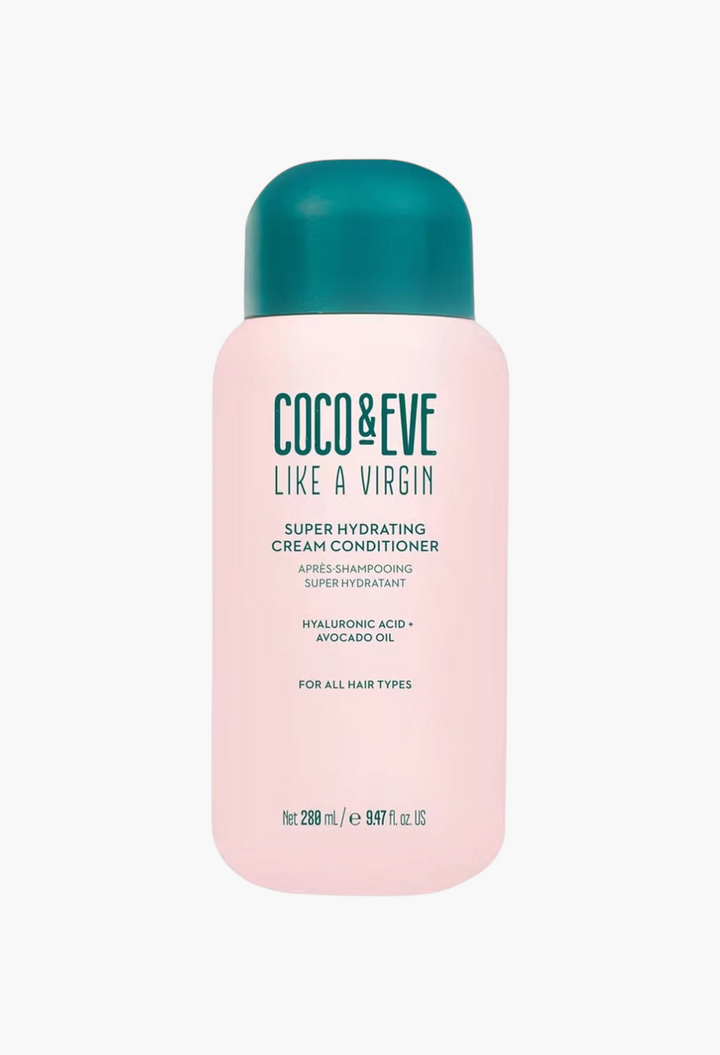 GLAM MODA Coco & Eve Like a Virgin Super Hydrating Cream Conditioner in a pink bottle with a dark green cap.