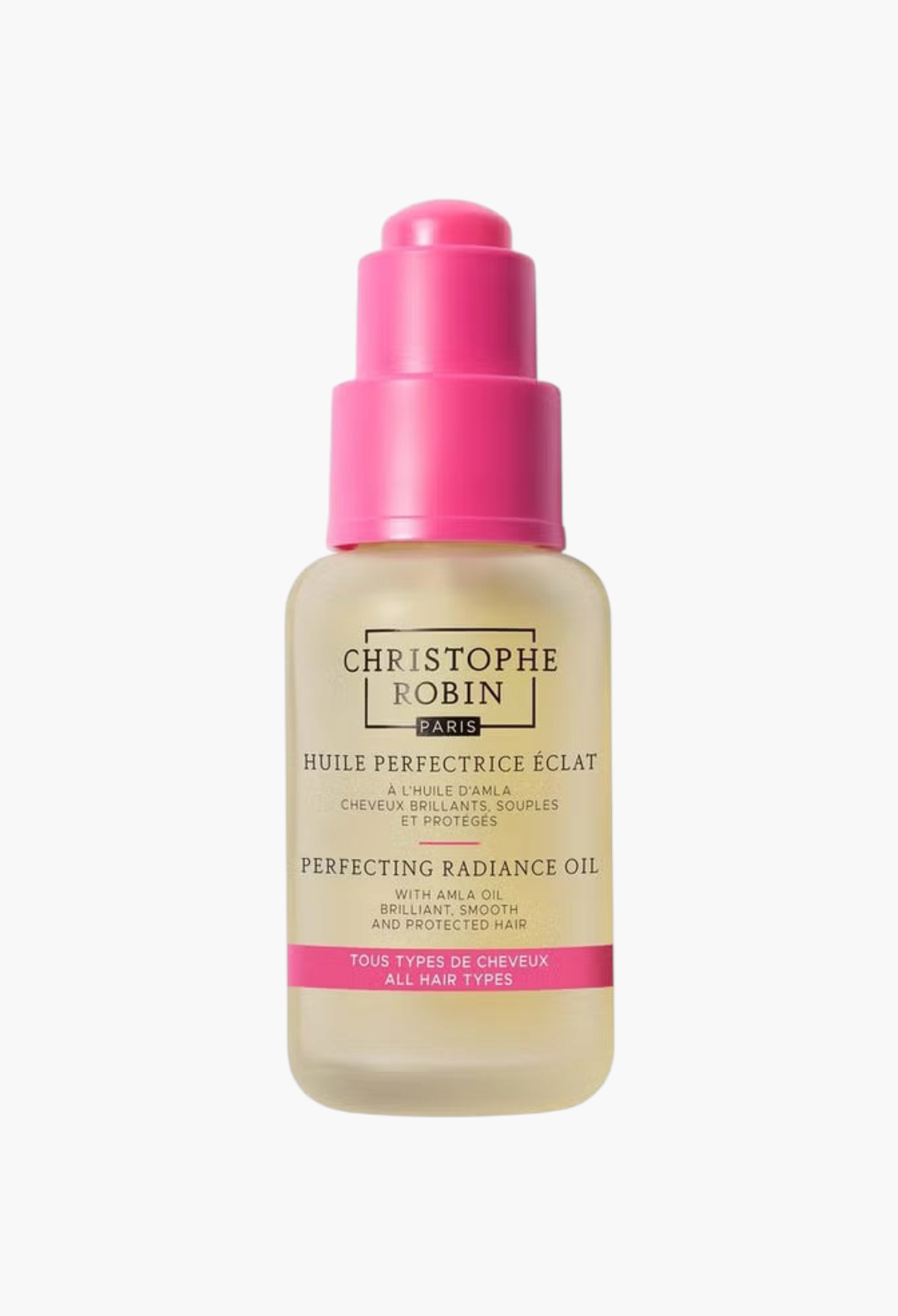 GLAM MODA Christophe Robin Perfecting Radiance Oil with Amla in a glass bottle with a bright pink pump dispenser.