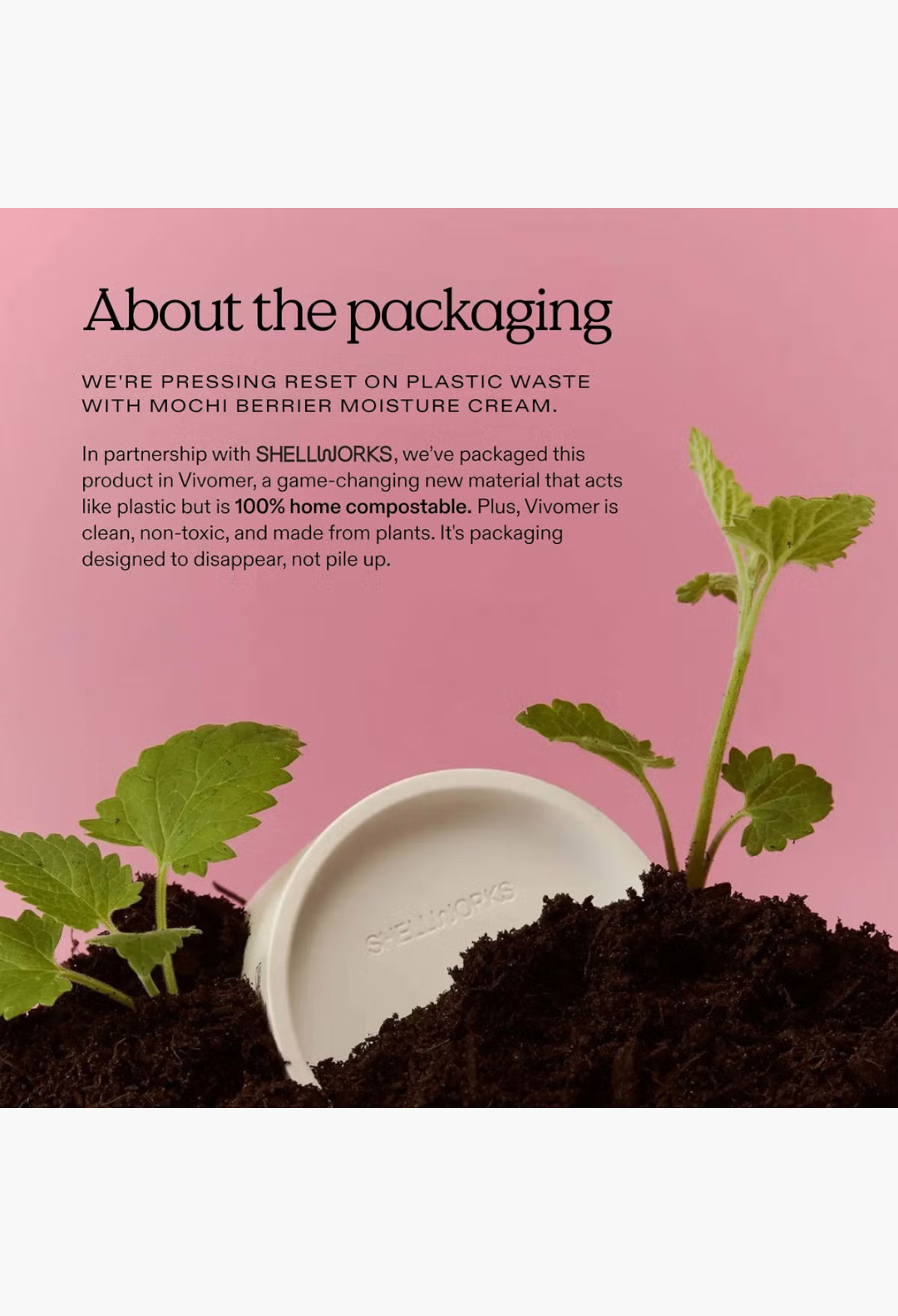 GLAM MODA KraveBeauty Mochi Berrier Moisture Cream jar nestled in soil with green sprouts, highlighting sustainability.