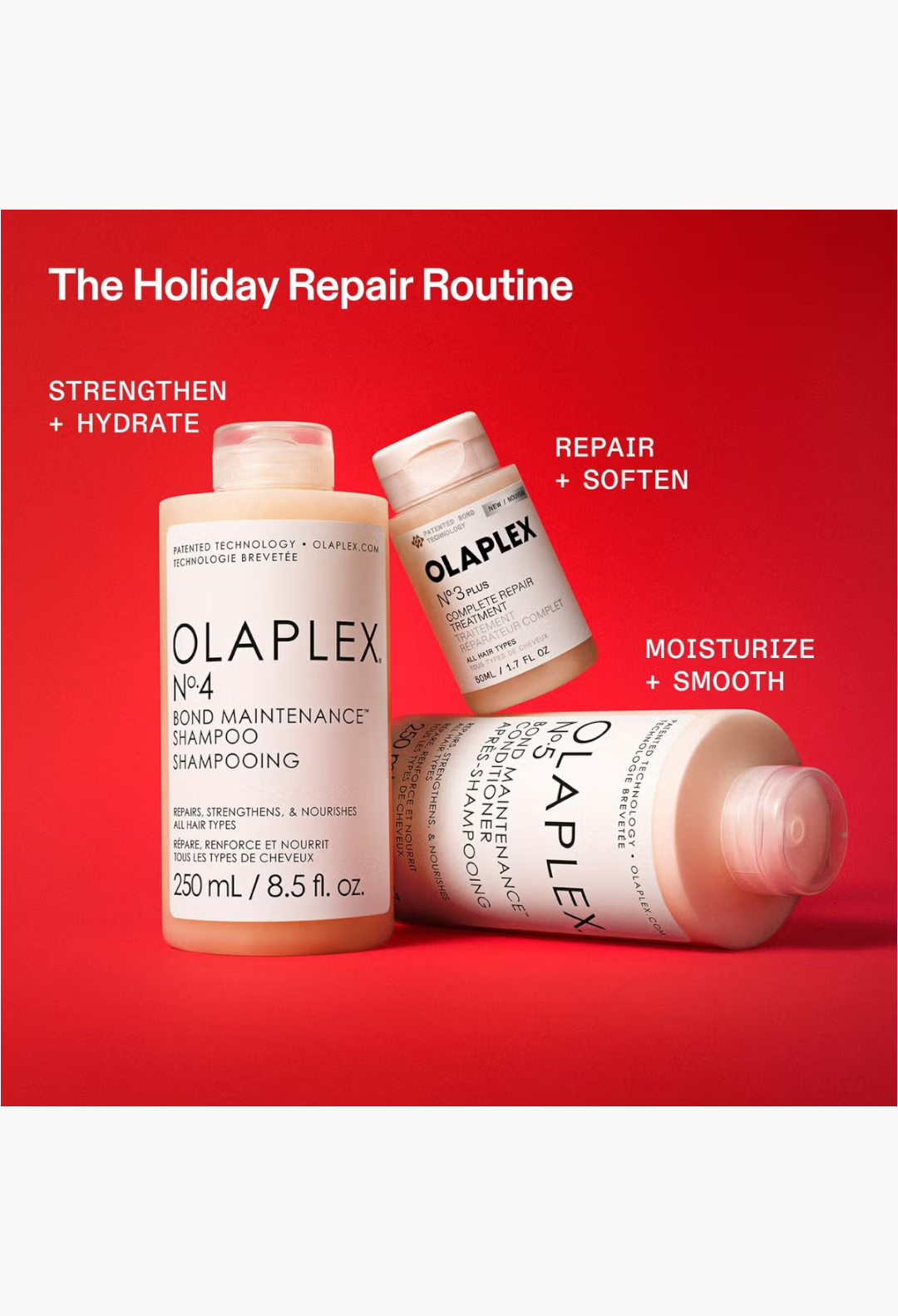 GLAM MODA Olaplex Total Hair Repair Set featuring No.3 treatment, No.4 shampoo, and No.5 conditioner bottles.