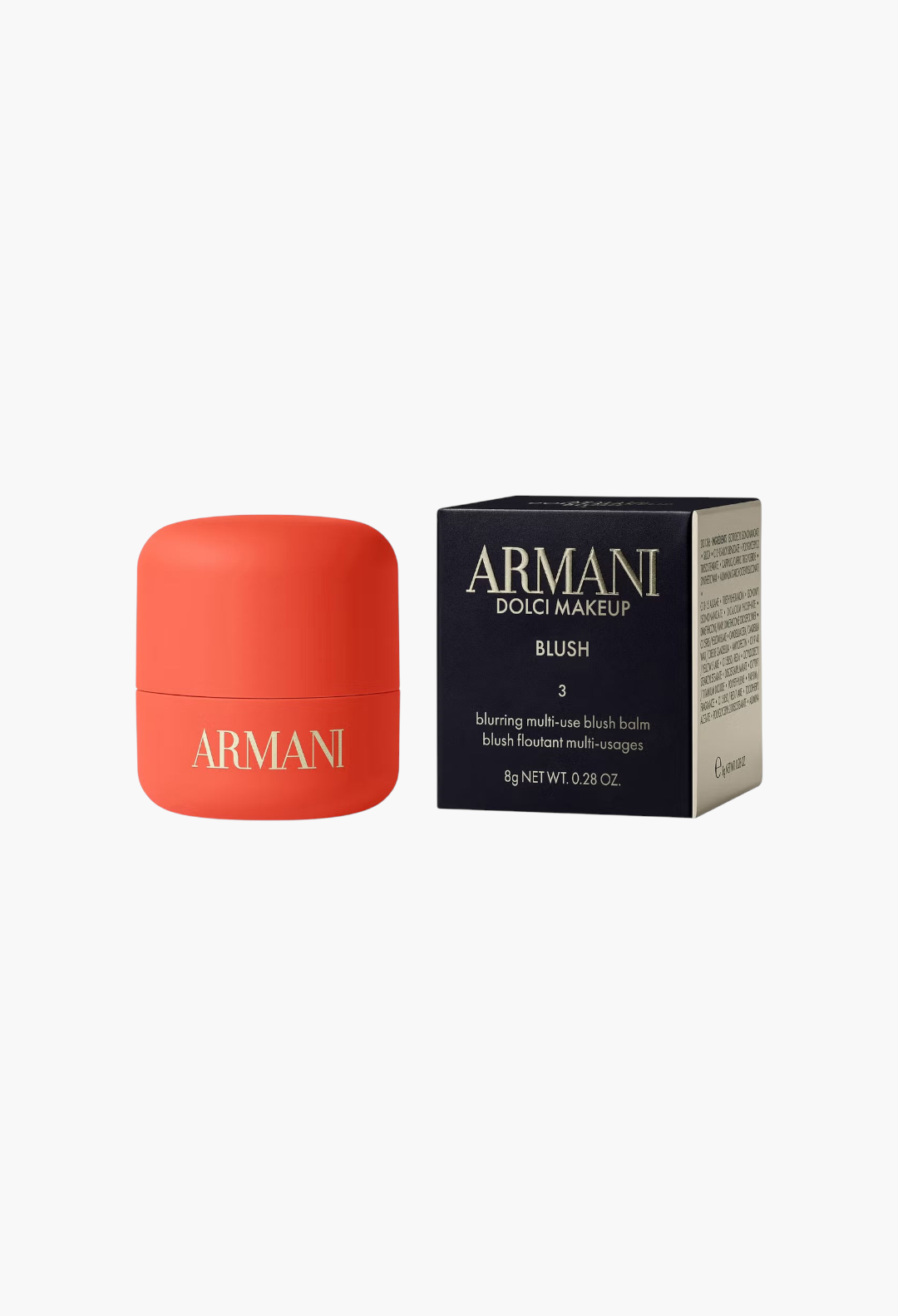 GLAM MODA Armani Dolci Blush balm in a vibrant coral pot with its black product packaging box.