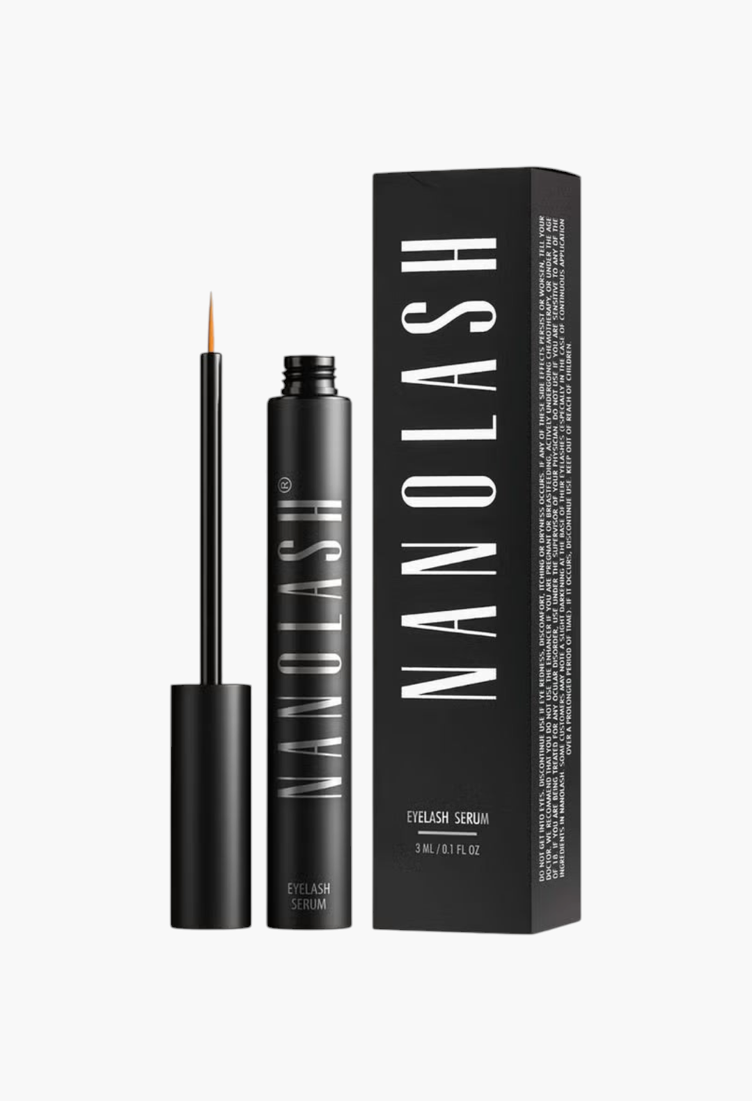 GLAM MODA Nanolash eyelash serum bottle with thin applicator brush and black product packaging box