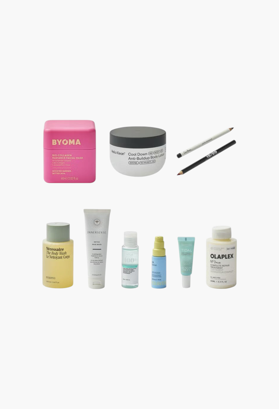 GLAM MODA beauty set featuring skincare, hair care, and makeup products including Byoma mask and Olaplex treatment.