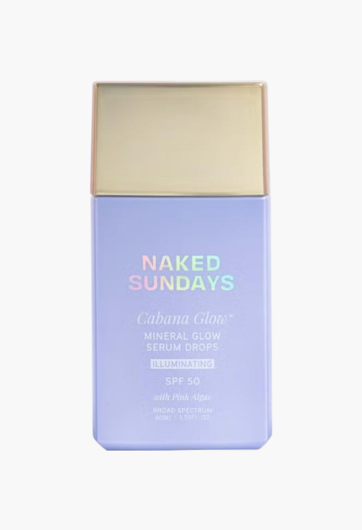 GLAM MODA Naked Sundays Cabana Glow SPF50 illuminating mineral serum drops in a light purple bottle with gold cap.
