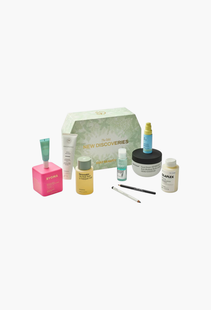 GLAM MODA Cult Beauty The New Discoveries Edit featuring ten skincare, haircare, and makeup products in a gift box.