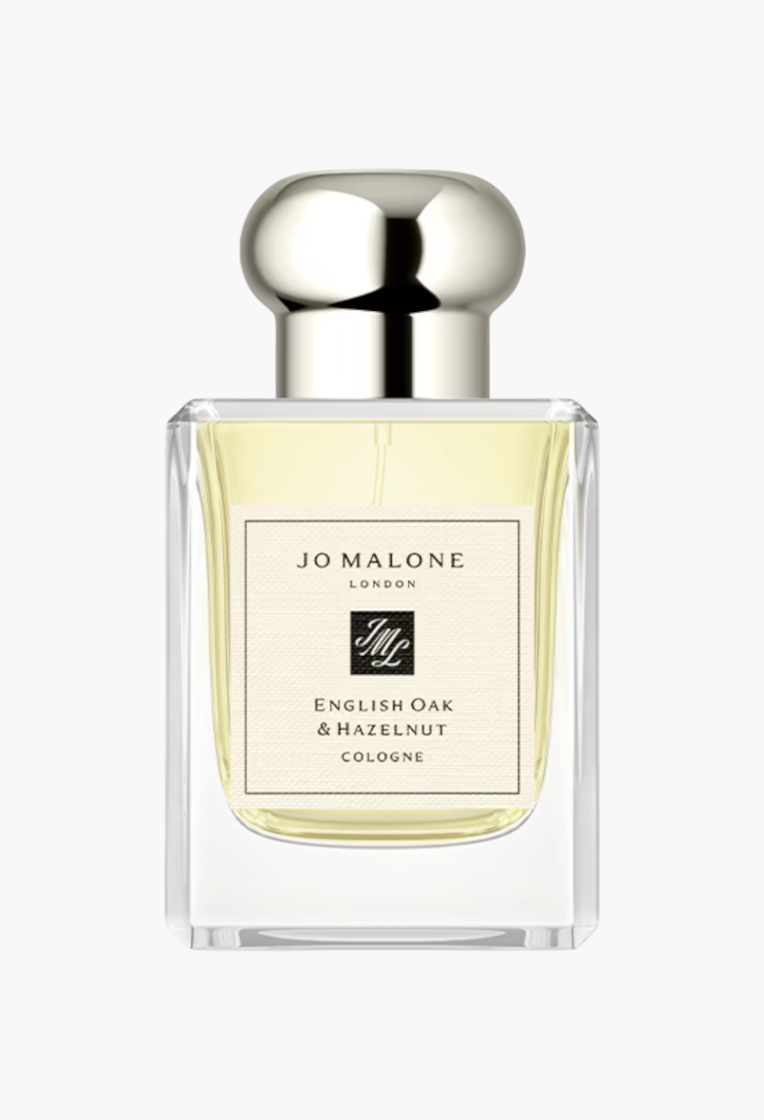 GLAM MODA Jo Malone London English Oak & Hazelnut cologne in a clear glass bottle with a silver cap.