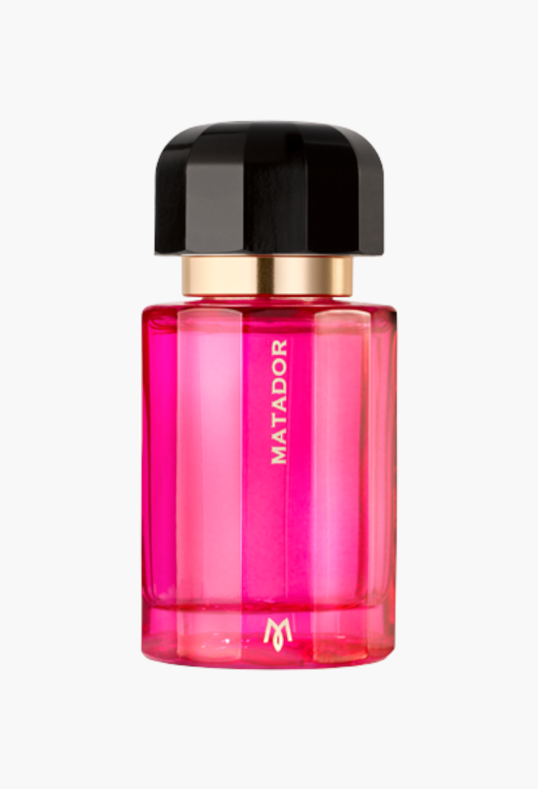 GLAM MODA Matador eau de parfum in a vibrant pink glass bottle with a black faceted cap and gold collar