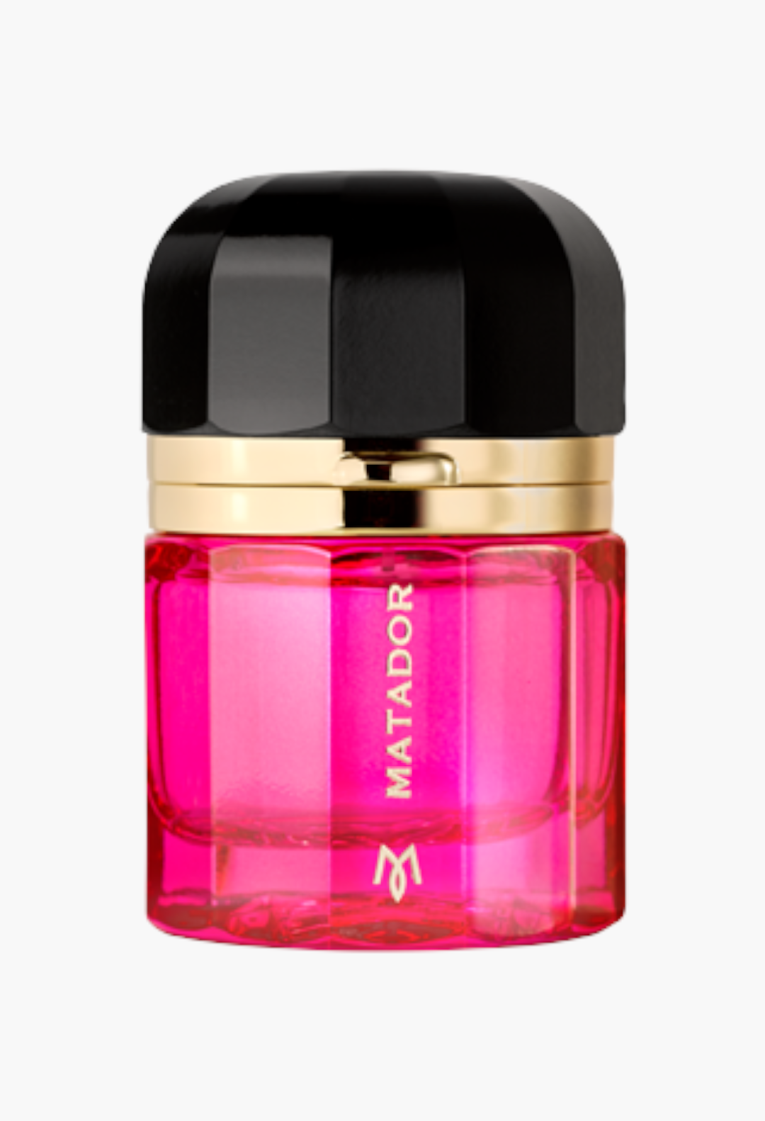 GLAM MODA Matador eau de parfum in a vibrant pink glass bottle with a black cap and gold trim