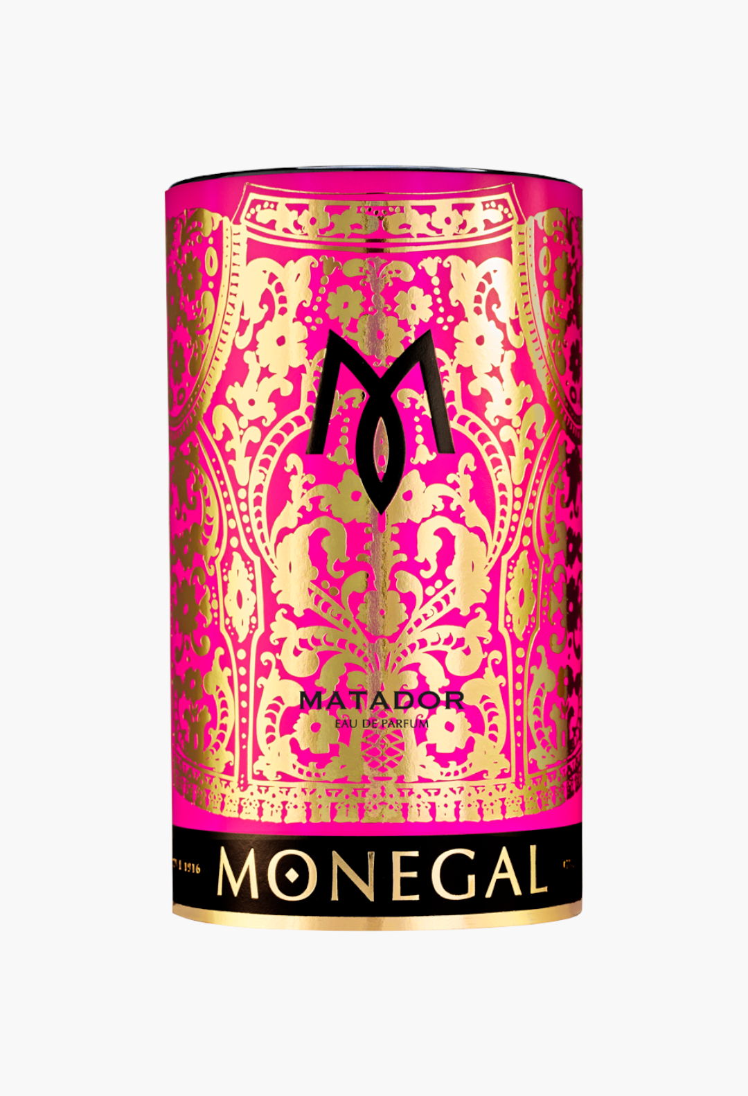 GLAM MODA Matador Eau de Parfum bottle in vibrant pink with intricate gold filigree patterns and black logo